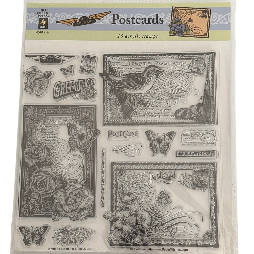 Hot Off The Press Postcards Acrylic Stamps Vintage Butterfly Rose Clear 16pc Set